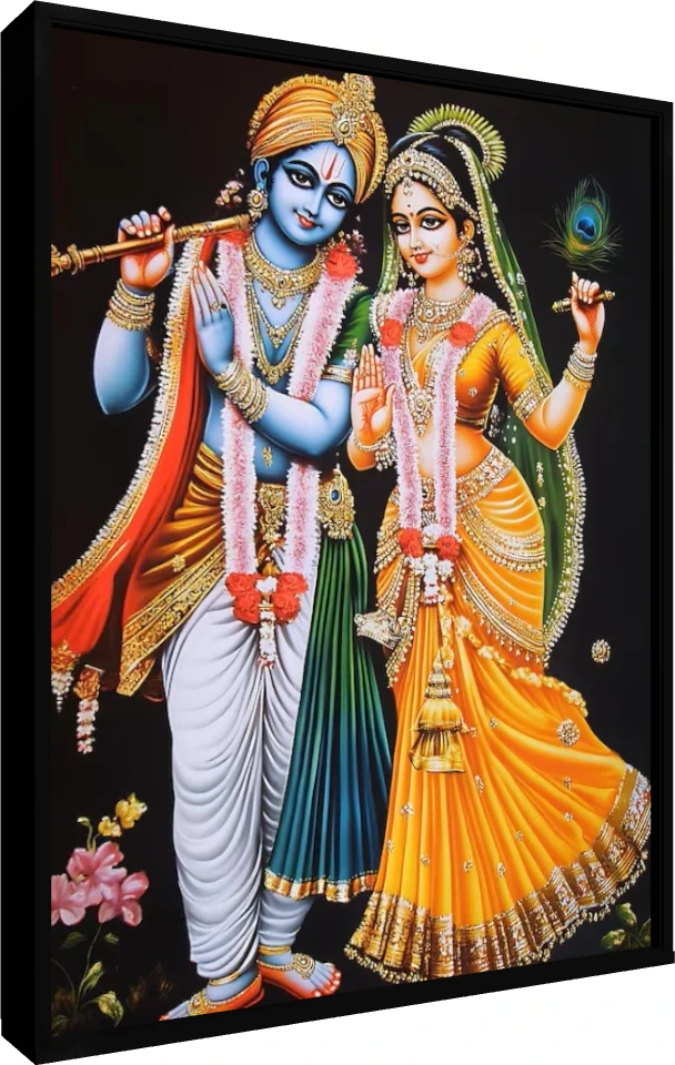 Cute Radha Krishna Lotus Hug Canvas wall art print — floater frame preview | PrintPosters.in